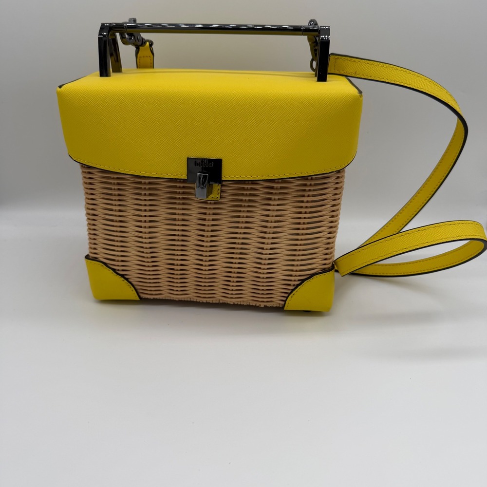 Botkier Lennox Lunchbox Wicker Crossbody Bag Yellow Leather Trim Woven Straw